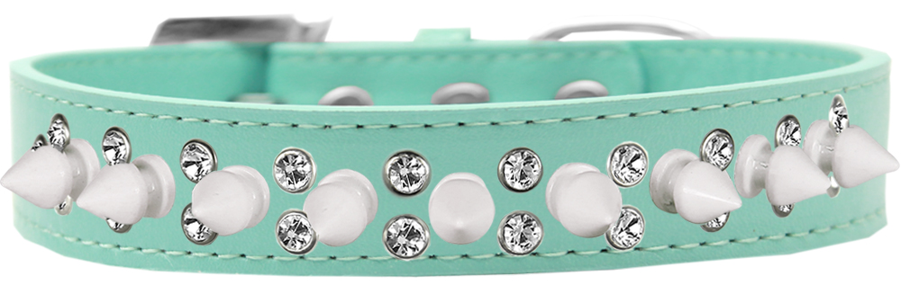 Double Crystal and White Spikes Dog Collar Aqua Size 12